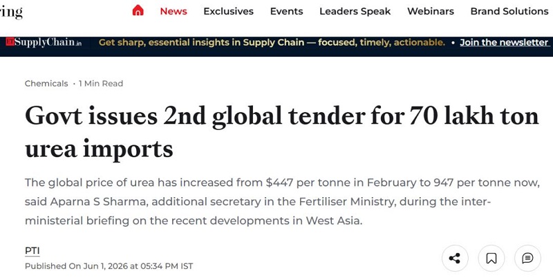 India telah melancarkan tender urea global kedua untuk musim kharif, mencari 7 juta tan.